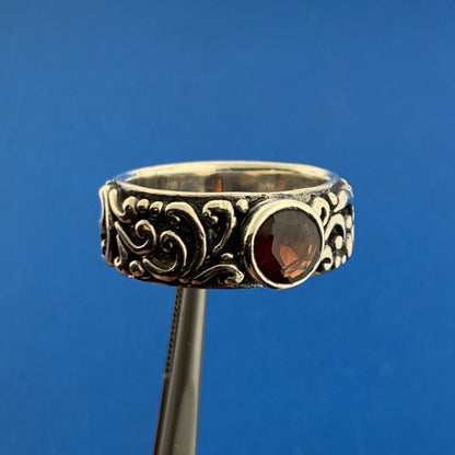 Vintage Sterling Silver Garnet Solitaire Vine Scroll January Anniversary Ring