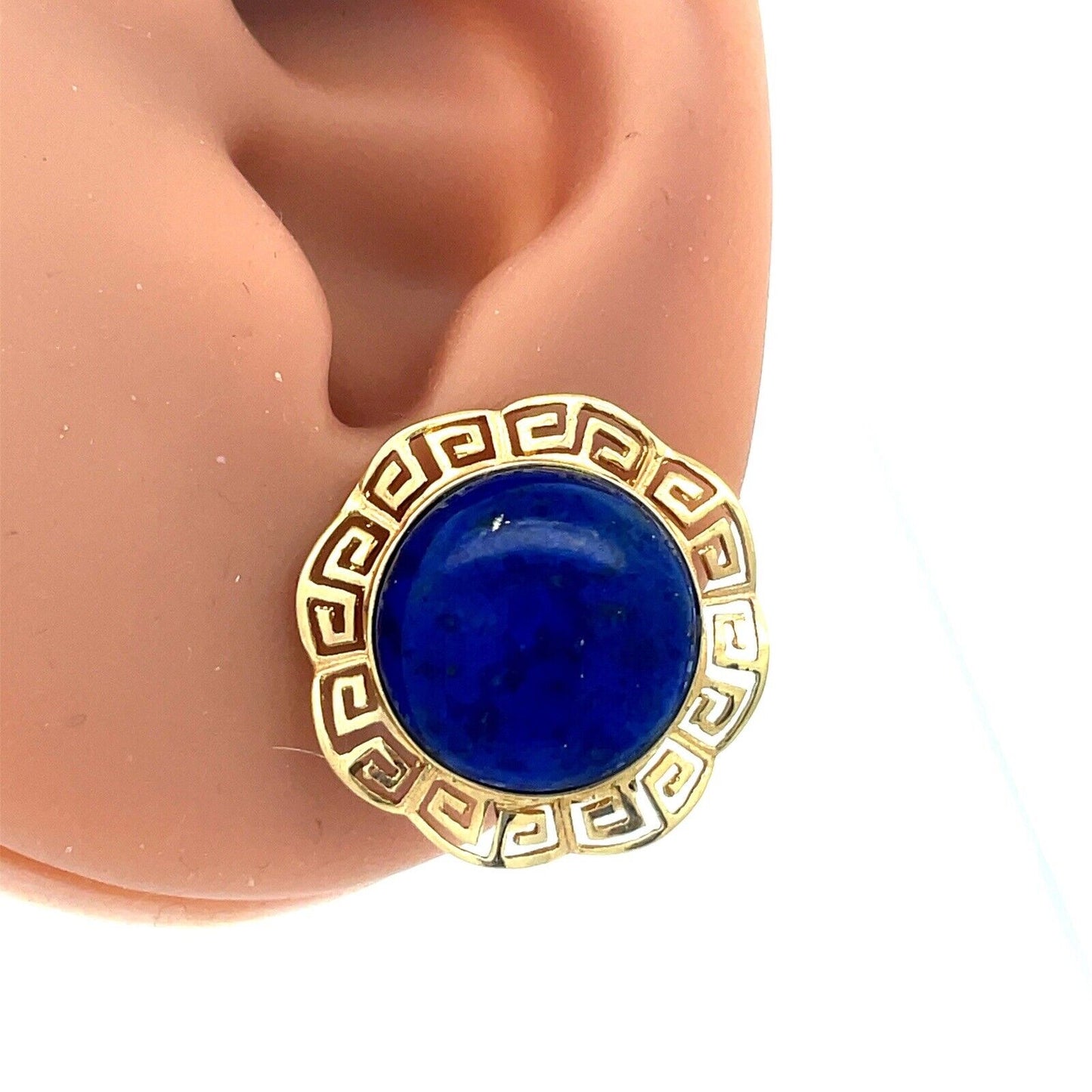 14K Yellow Gold Lapis Lazuli Cabochon Statement Omega Back Earrings