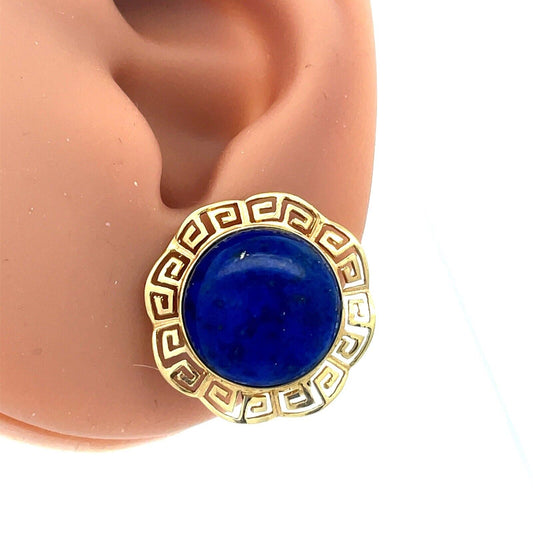 14K Yellow Gold Lapis Lazuli Cabochon Statement Omega Back Earrings