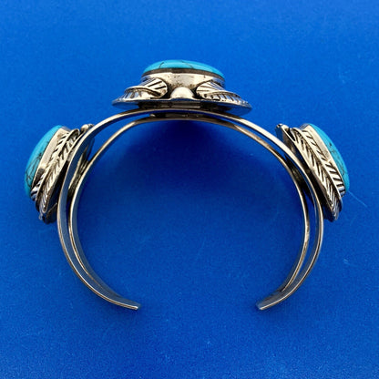 Vintage Taxco TC-216 Sterling Silver 925 Turquoise Trio Statement Cuff Bracelet