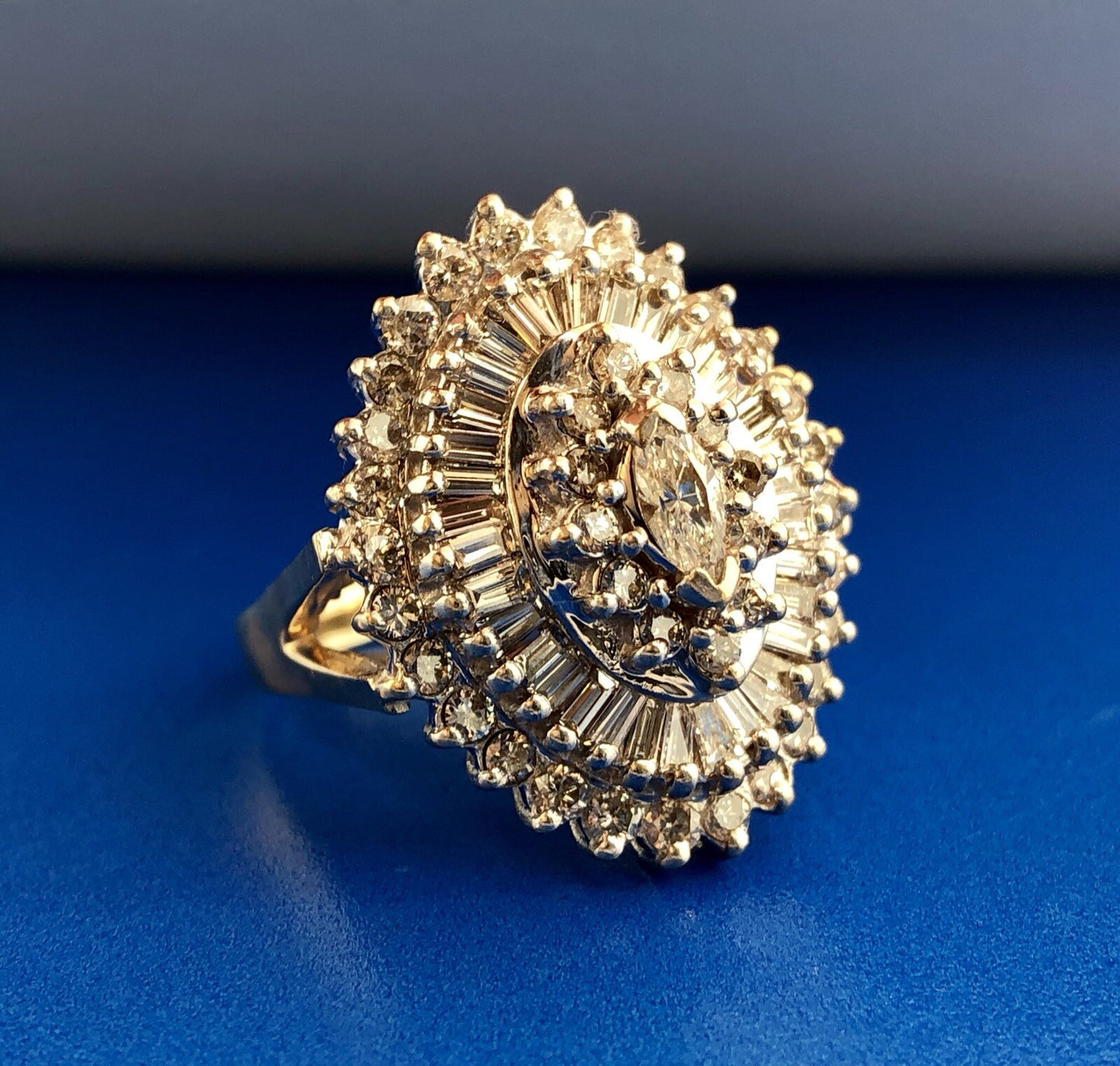 14K Yellow White Gold Diamond Halo Cluster 4 Tier Statement Cocktail Ring