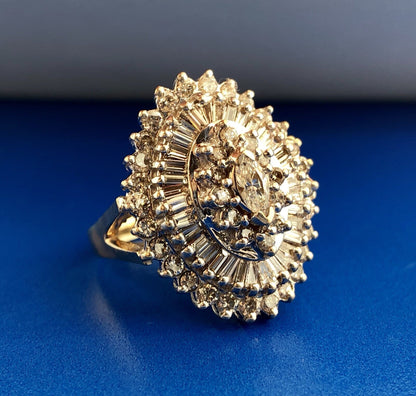 14K Yellow White Gold Diamond Halo Cluster 4 Tier Statement Cocktail Ring