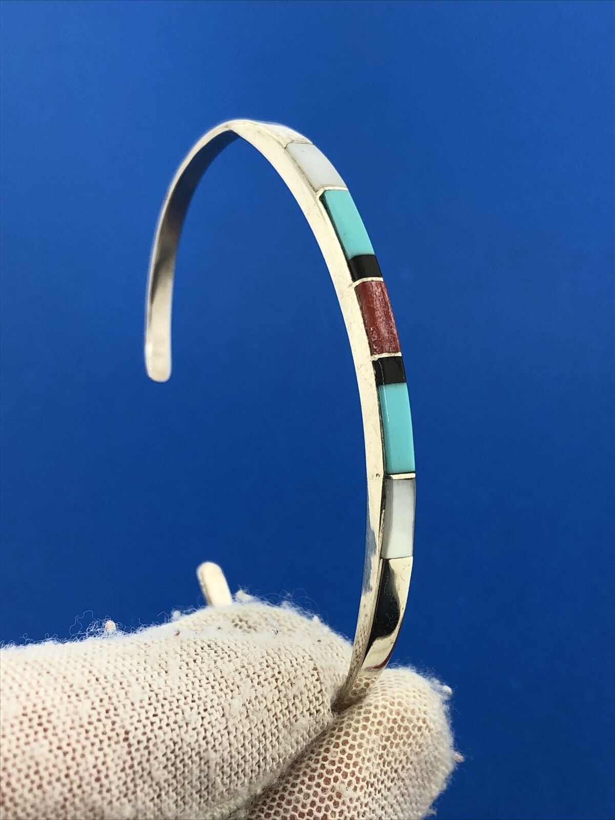 Native American PA 925 Sterling Silver Multi Gem Inlay Petite Cuff Bracelet