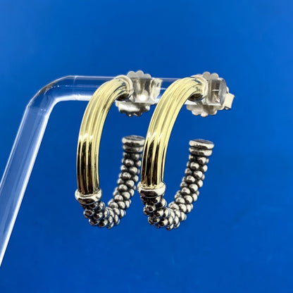 Lagos Caviar 925 Sterling Silver 18K Yellow Gold Two Toned Hoop Earrings