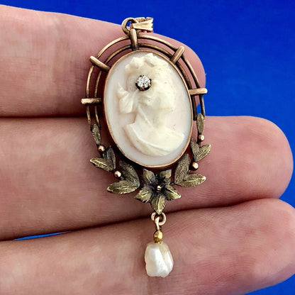 Victorian 10K Rose/Yellow Gold Pink Cameo Pearl Diamond Lavaliere Brooch Pendant