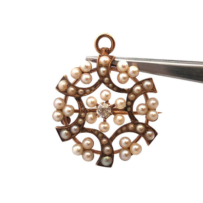 Vintage 14k Yellow Gold Diamond Seed Pearl Spiral Cluster Brooch Pendant