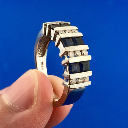 Retro Designer 14K White Gold Diamond Sapphire Channel Set Tapered Band Ring
