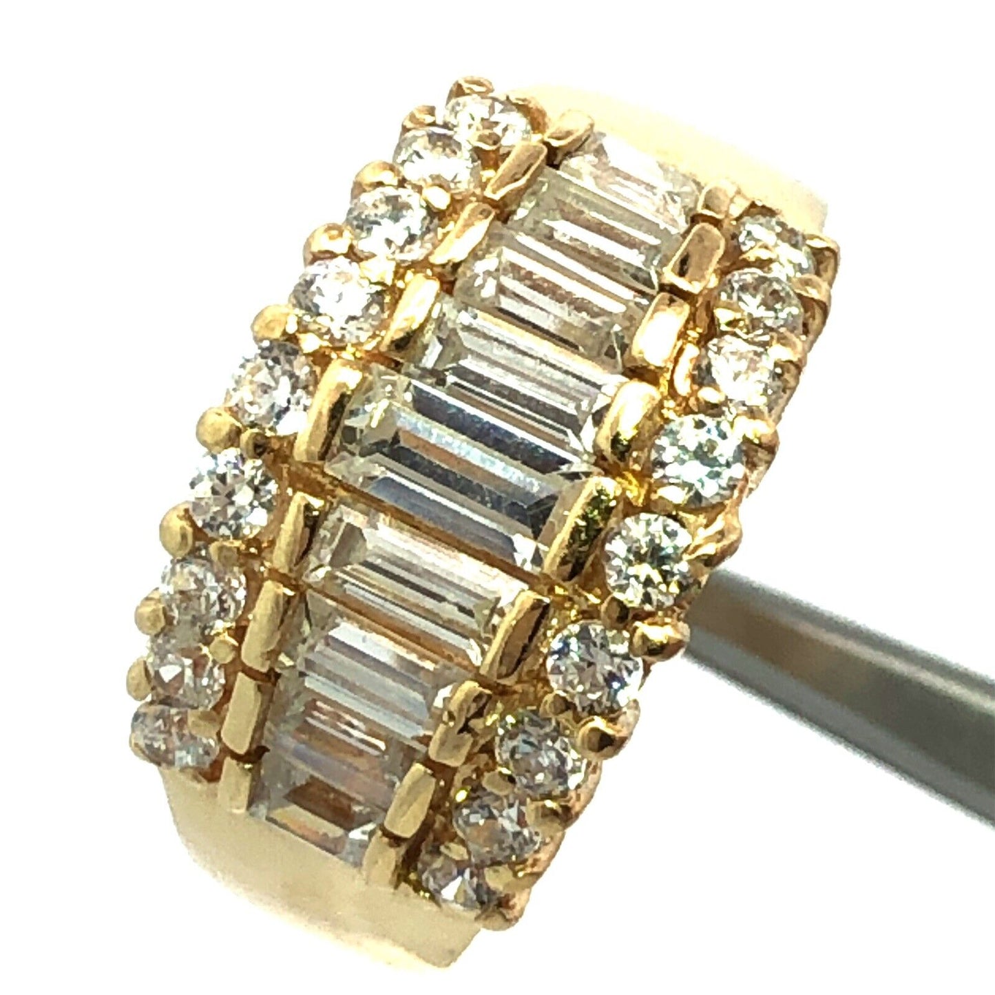 Designer 14K Yellow Gold Baguette Cubic Zirconia Statement Cigar Band Ring