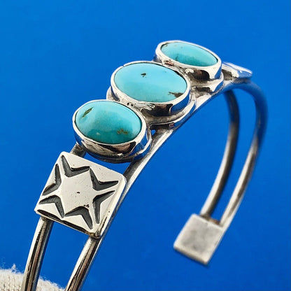 Native American Artisan Sterling Silver Sleeping Beauty Turquoise Cuff Bracelet