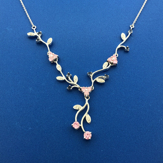 Exquisite Sterling Silver 925 Blue Pink White CZ Floral Scroll Drop Necklace