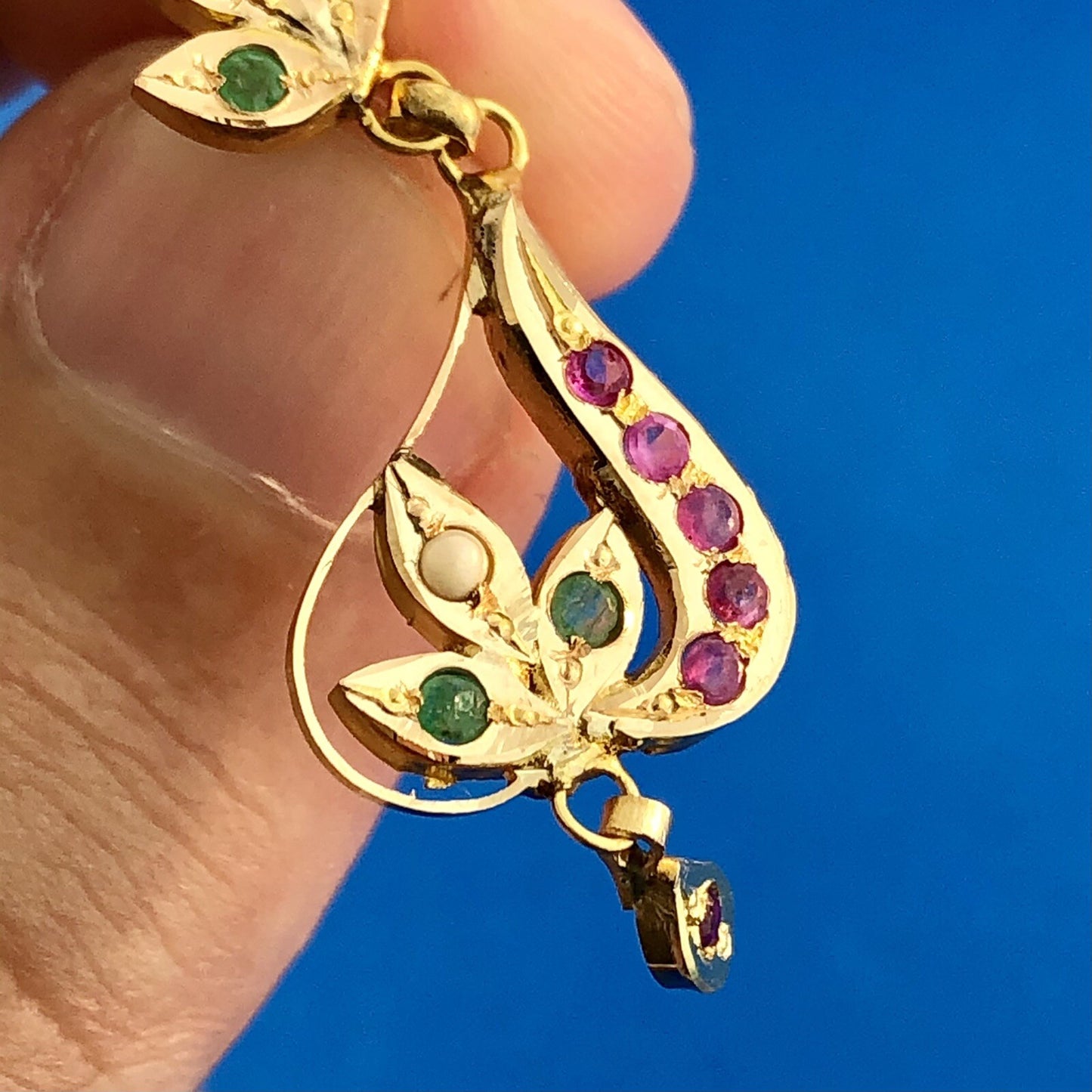 Vintage 10K Yellow Gold Ruby Emerald Pearl Floral Tiered Drop Dangle Earrings