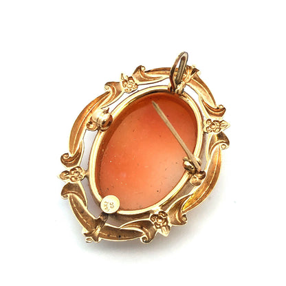 Vintage Designer 14K Yellow Gold Oval Carved Cameo Pendant Brooch