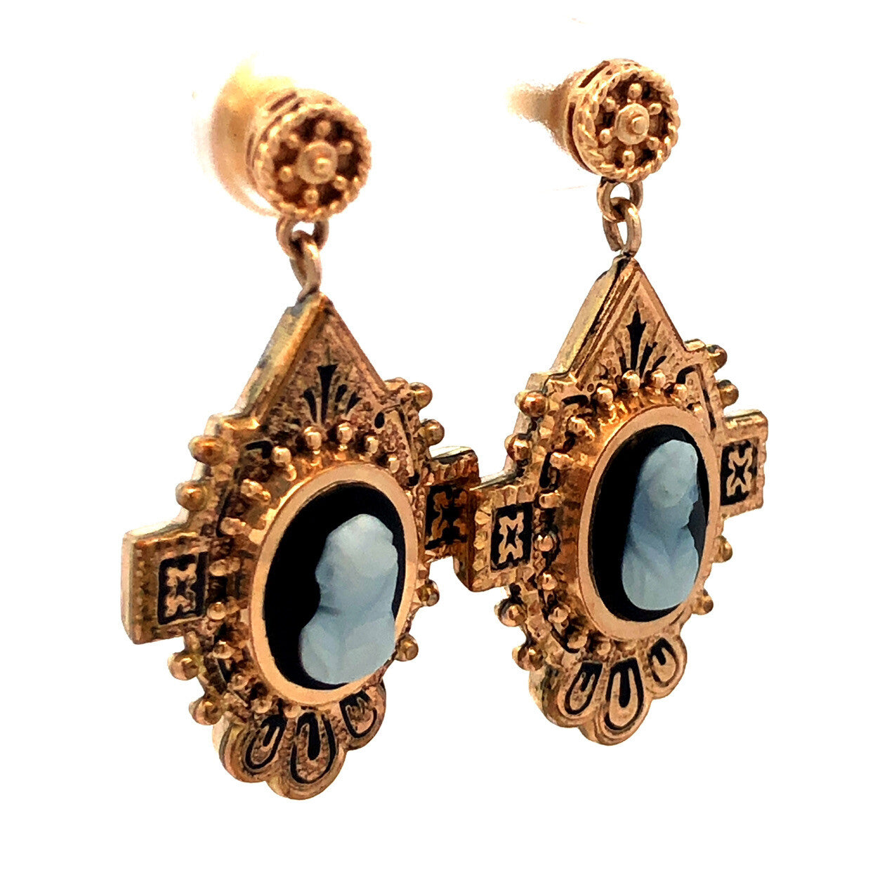 Victorian 14K And Gold Filled Black & White Cameo Enamel Dangle Stud Earrings