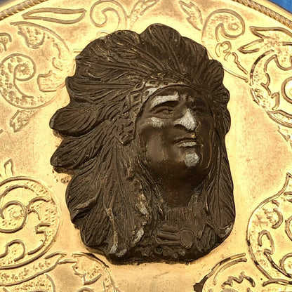 Vintage Brass Bronze Two Tone Scroll 3 Dimensional Indian Head Oval Belt Buckle