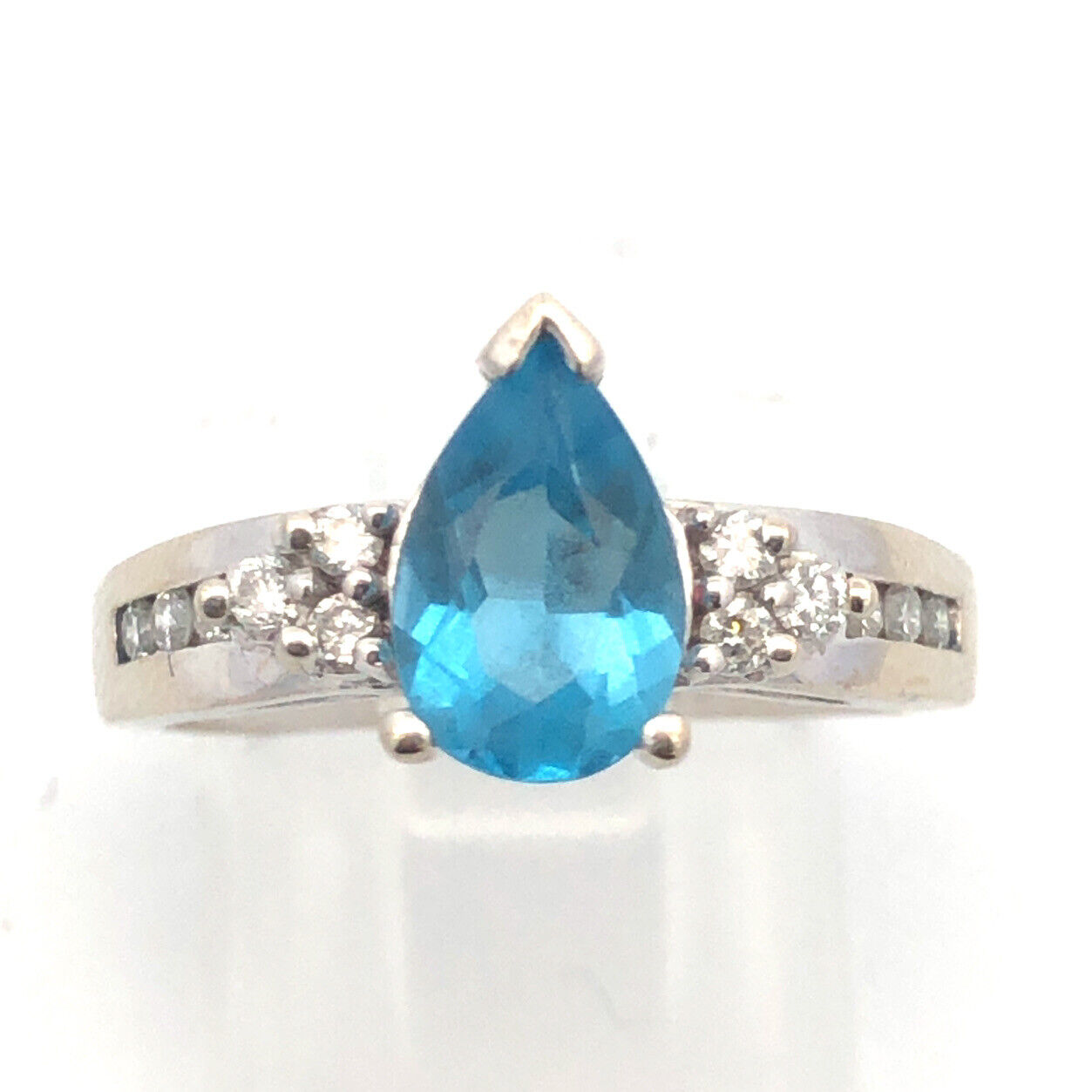 Designer 14K White Gold Pear Blue Topaz Round Diamond Engagement Size 7 Ring