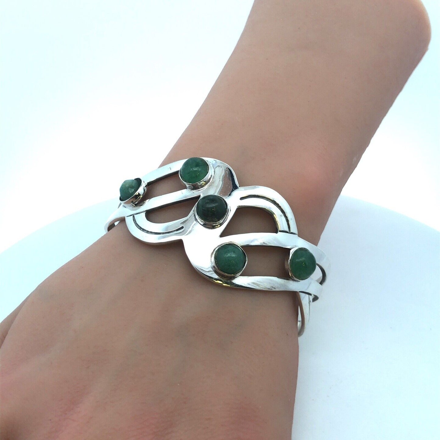 Mid Century Taxco 925 Sterling Silver Modernist Green Tourmaline Cuff Bracelet