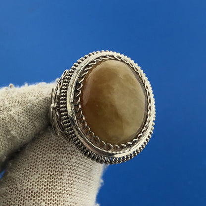 Stunning 980 Fine Silver Large Cabochon Lemon Agate Statement Ring Size 6.5