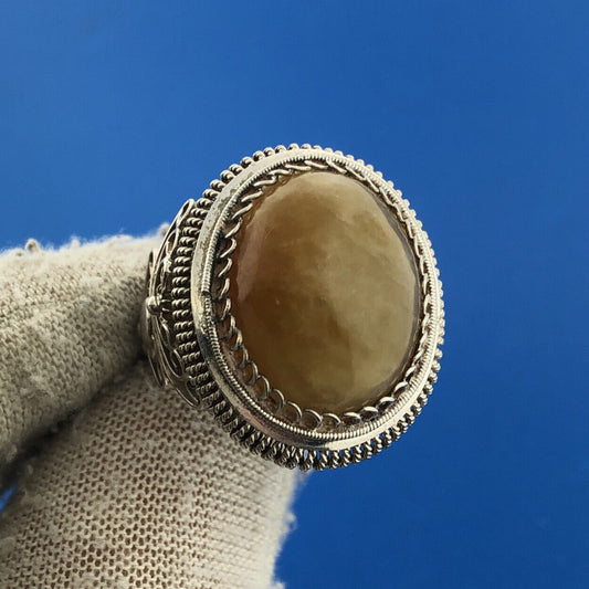 Stunning 980 Fine Silver Large Cabochon Lemon Agate Statement Ring Size 6.5