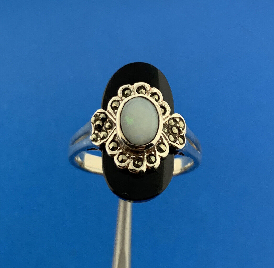 Designer NF 925 Sterling Silver Vermeil Black Onyx Opal Marcasite Cocktail Ring