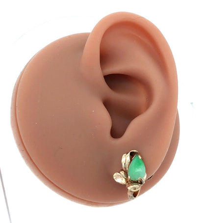 Vintage 14K Yellow Gold Pear Green Jade Cabochon Floral Screw Back Earrings