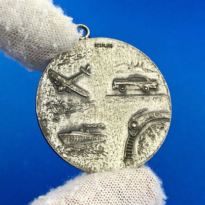 Vintage 925 Sterling Silver Saint Christopher Protect US Religious Disc Pendant