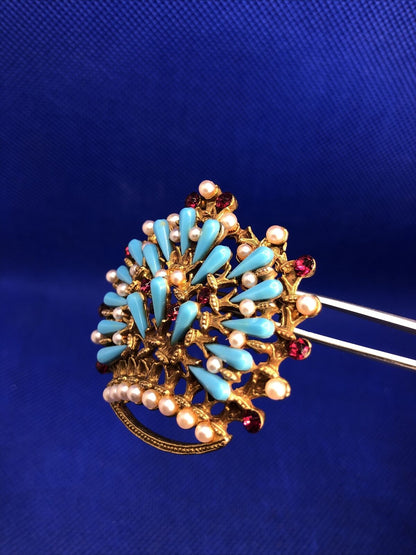 Mid Century HAR Gold-Toned Faux Turquoise Brooch Clip Earring Set