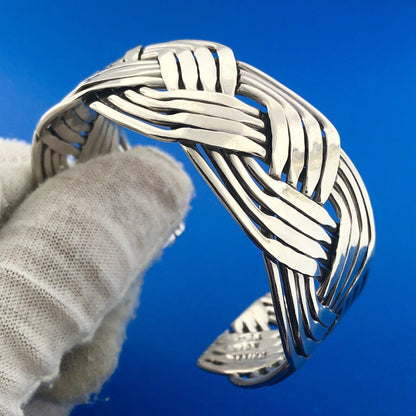 Vintage Taxco Mexico TE-5 925 Sterling Silver Basket Weave Open Cuff Bracelet