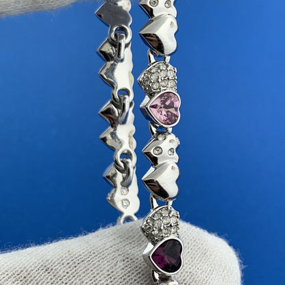 Swarovski Silver Toned Purple Pink Diamond Crystal Heart Station Tennis Bracelet