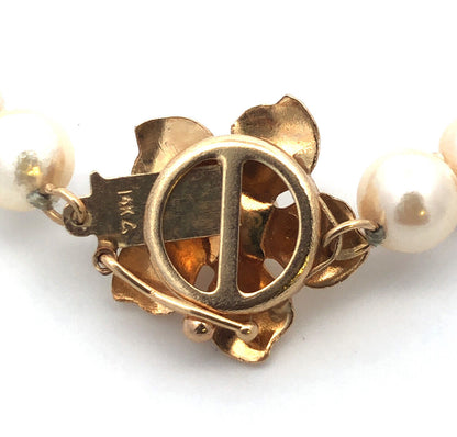 Designer 14K Yellow Gold Flower Clasp Hand Knotted Pearl Bead Bracelet