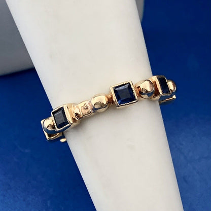 Vintage 18k Yellow Gold 750 Square Cut Blue Sapphire Band Ring Size 6