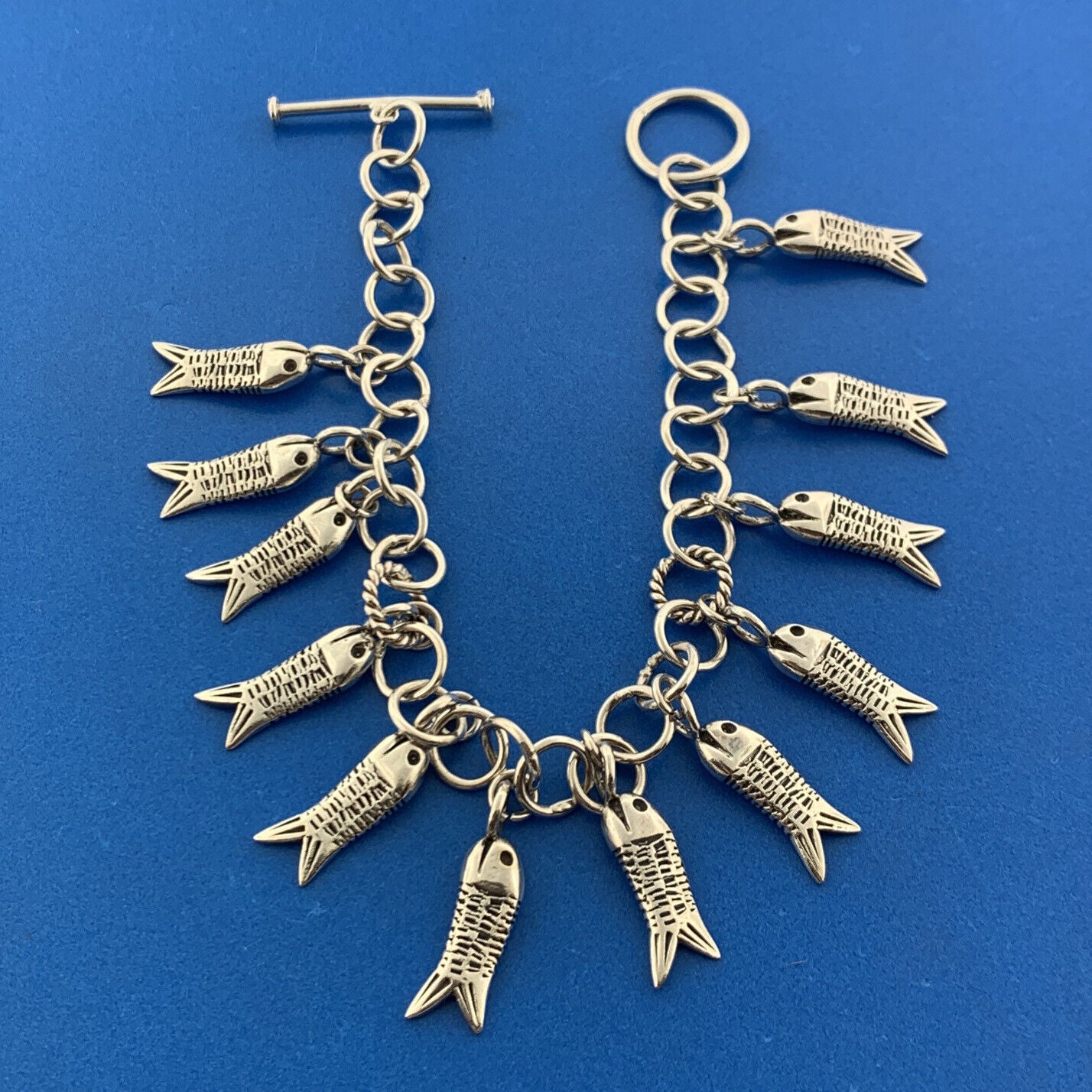 Estate 925 Sterling Silver Twelve Fish Religious Icon Statement Toggle Bracelet