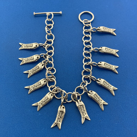 Estate 925 Sterling Silver Twelve Fish Religious Icon Statement Toggle Bracelet