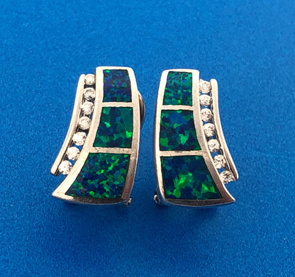 Stunning Sterling Silver 925 Fiery Opal CZ Modernistic Trapezoid Earrings