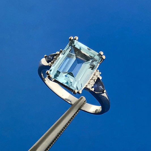 Retro 14K Wht Gold Blue Topaz Diamond Sapphire December Occasion Statement Ring