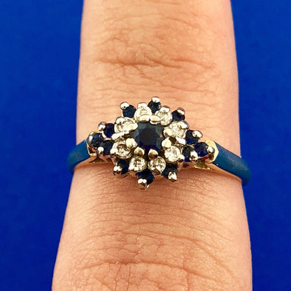 Vintage 14K Yellow White Gold Sapphire Diamond Star Flower Cluster Cocktail Ring
