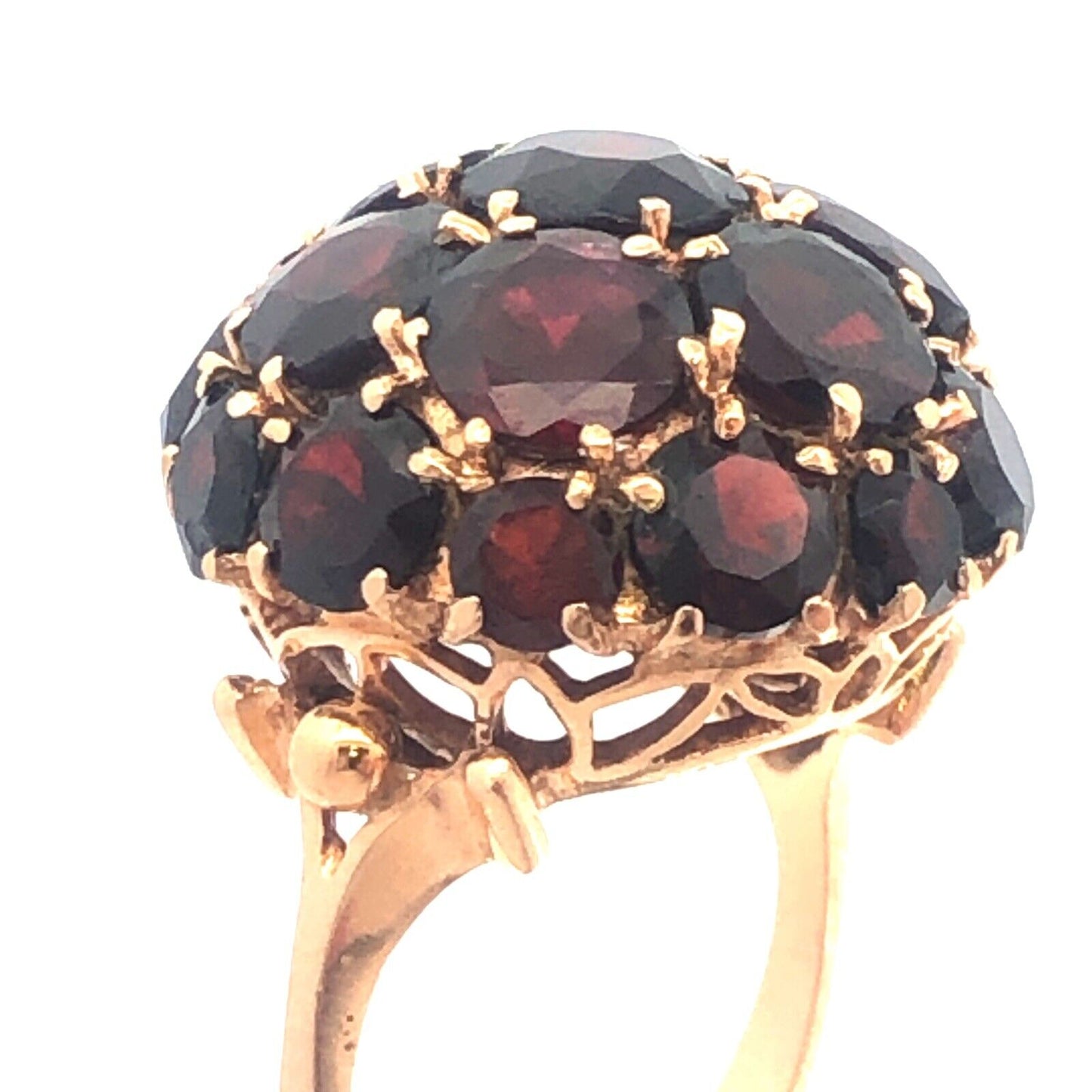 Gorgeous 14k Yellow Gold Round Cut Garnet Dome Cluster Statement Ring Size 6.5