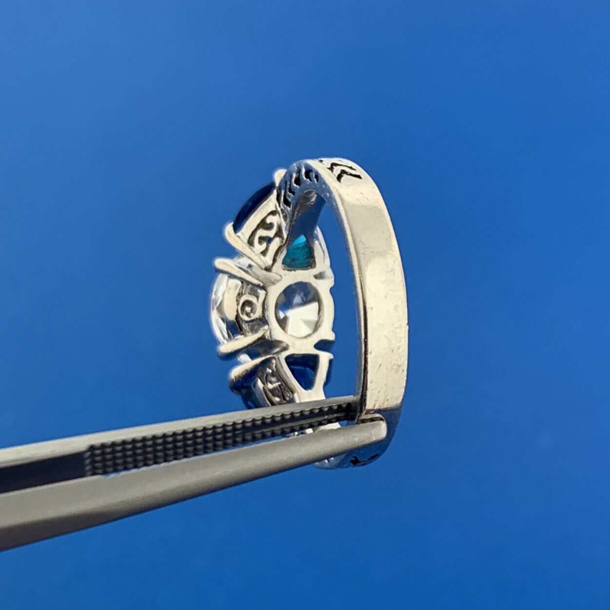 Sterling Silver 925 Blue White Cubic Zirconia CZ Cocktail Ring Vintage Style