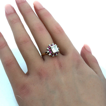 10K Yellow Gold ASC Emerald Cut White Tourmaline Ruby Halo Engagement Ring