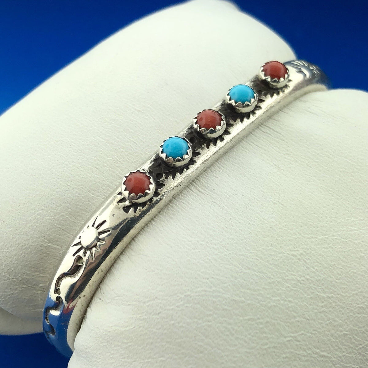 LAG-ZUNI JP Artisan Sterling Turquoise Coral Petite Storyteller Cuff Bracelet