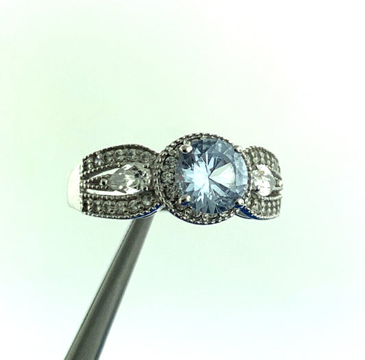 925 Sterling Silver Blue Spinel White Cubic Zirconia Halo Cocktail Ring