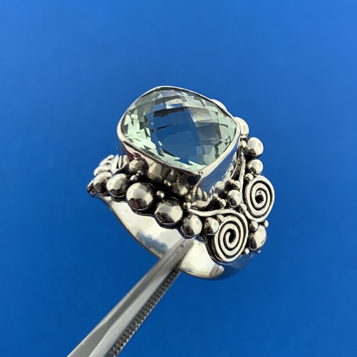 Designer BA Suarti 925 Sterling Silver Cushion Cut Green Amethyst Statement Ring