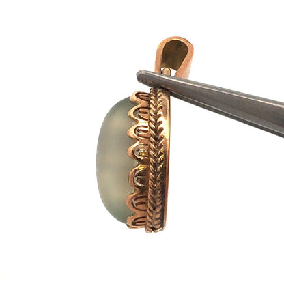 Vintage Art Deco 14K Yellow Gold Gray Green Quartz Cabochon Oval Charm Pendant