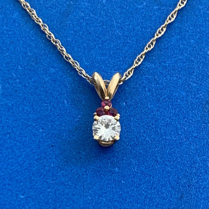Vintage 14K Yellow Gold Diamond Ruby Accented Pendant Necklace