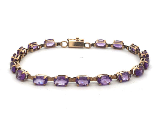 Vintage 10K Oval Amethyst Panel Bar Link February Anniversary Tennis Bracelet