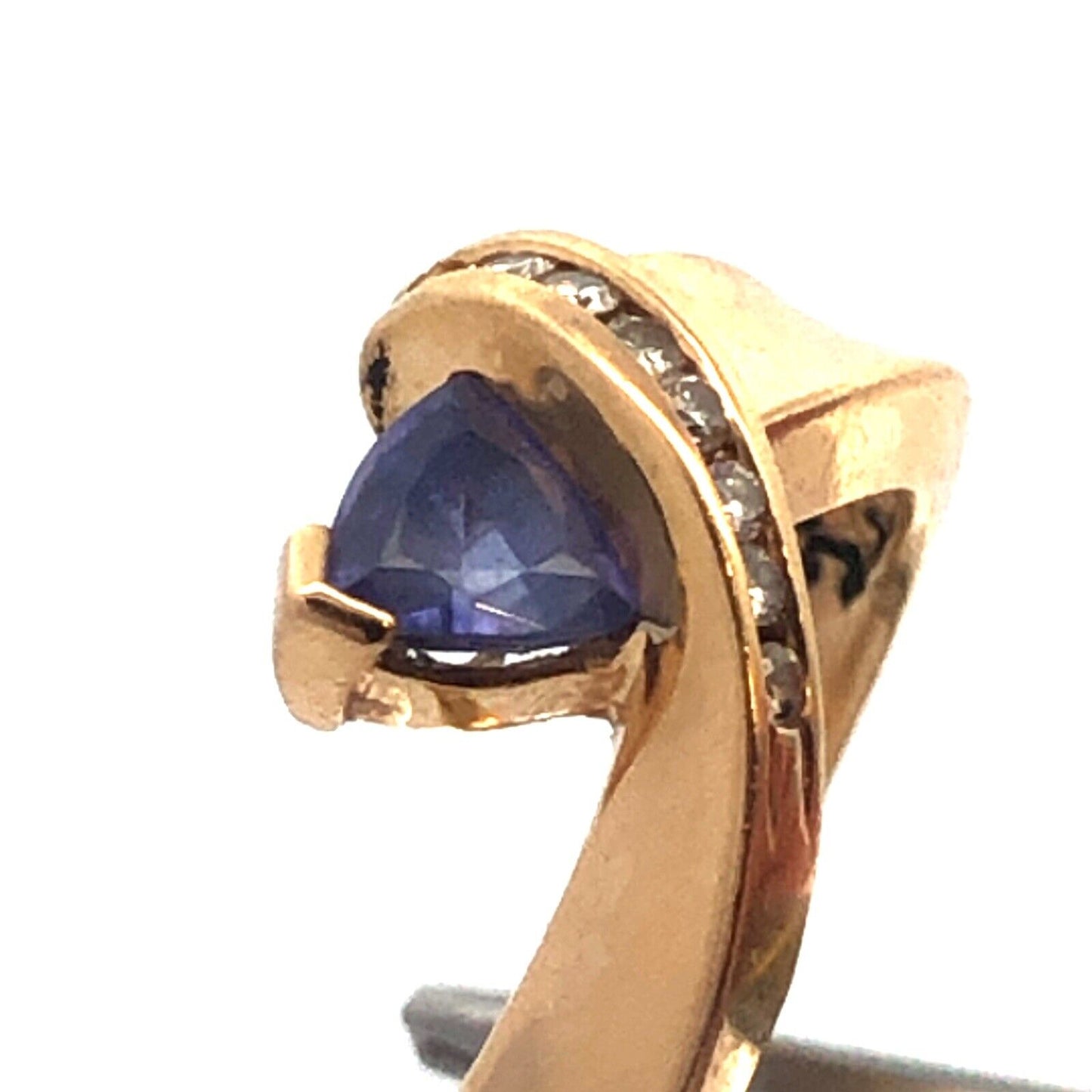 14k Yellow Gold Trillion Tanzanite Diamond Modernist Bypass Cocktail Ring