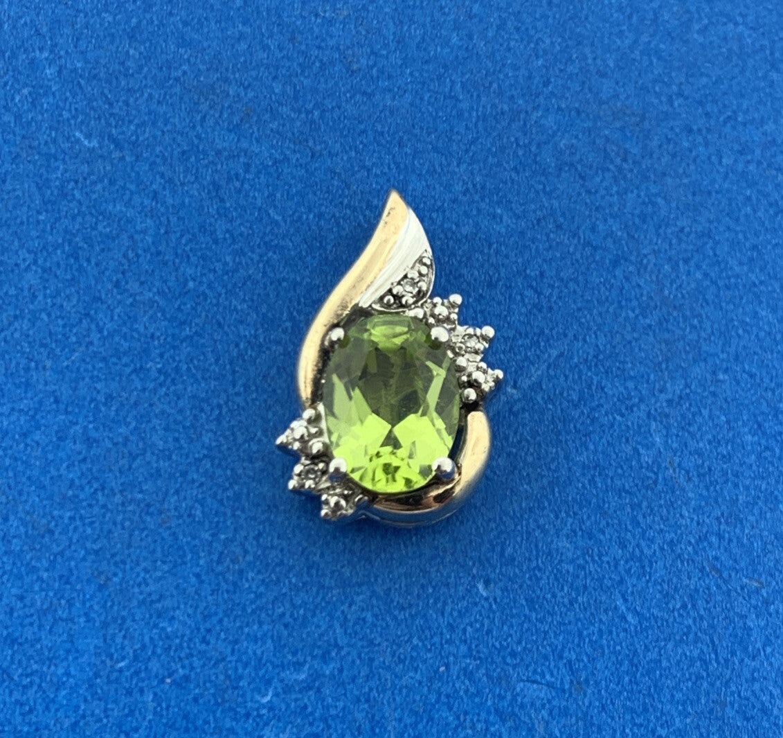 Designer 925 Sterling Silver 10K Yellow Gold Oval Peridot Diamond Accent Pendant
