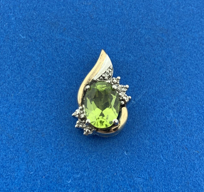 Designer 925 Sterling Silver 10K Yellow Gold Oval Peridot Diamond Accent Pendant