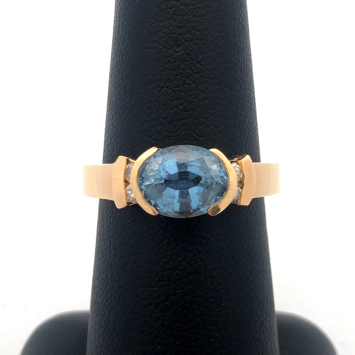 Estate Designer 14K Yellow Gold Oval Blue Topaz Diamond Accented Cocktail Ring