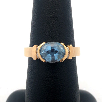 Estate Designer 14K Yellow Gold Oval Blue Topaz Diamond Accented Cocktail Ring