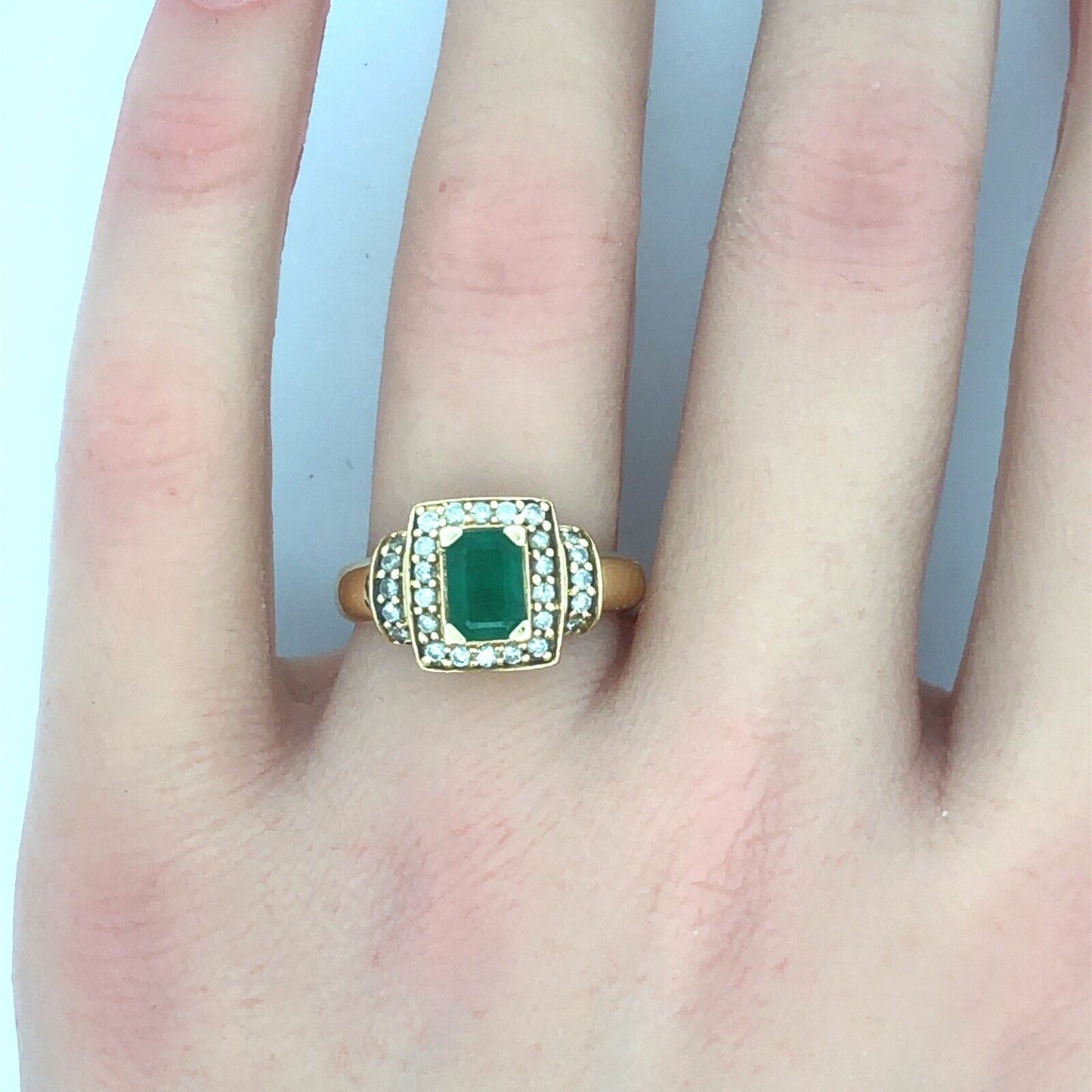 Vintage 14K Yellow Gold Emerald Diamond Halo Statement Cocktail Ring